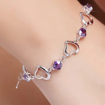 JewelryTop Visoke Kakovosti 925 Sterling Srebrna Zapestnica Srce, Vijolični Kristal Cirkon Zapestnica Za Žensko Stranka Posla Nakit