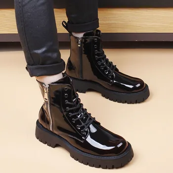 Korejski slog mens moda punk nočni klub obrabe kavboj platformo lakasto usnje škornji, čevlji za jesen zimo boot gleženj botas hombre