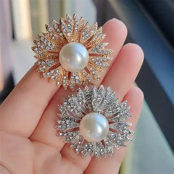 Vroče prodajo občutljivo pearl corsage nakit set z diamanti upscale cvet nosorogovo Sončnično polno diamantna broška dodatki