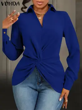 2023 VONDA Elegantno Naguban Ženske Bluzo Jeseni Zavoj navzdol Ovratnik Tunika Vrhovi Barva Majice z Dolgimi Rokavi Priložnostne Stranka Blusas