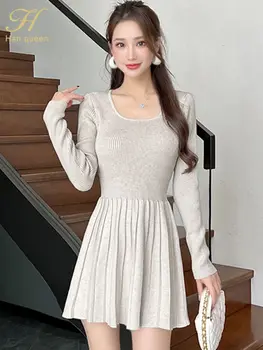 BabYoung 2023 Jesensko Zimski A-Line Naguban Elastičen Pleten Pulover Ženske Obleke Moda Priložnostne Obleko Korejski Urad Vestidos