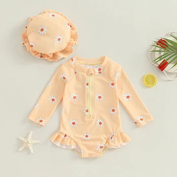 Baby Dekleta Kopalke Dolg Rokav Cvet Tiskanja patentna Zadrga Bikini s Klobuk Novorojenčka Kopalk za Poletje Kopanje