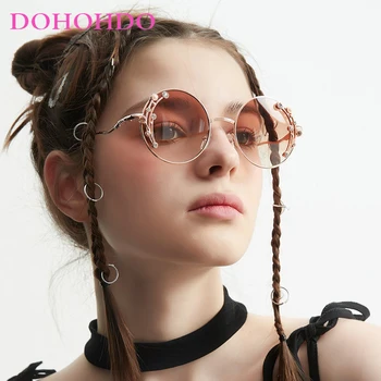 DOHOHDO Krog Diamond Studded Retro Moda za Ženske Trendovska sončna Očala Kovinski Okvir Moških sončna Očala Gradient Očala Odtenki UV400