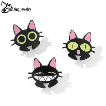 Smešno Black Cat Emajl Kovinski Zatiči River Značke Srčkan Cartoon Živali Broške za Klobuk Oblačila Vrečko Dodatki za Ženske, Moške Nakit