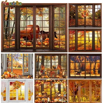 Studio Jeseni Fotografija Ozadje Okno Rekviziti Bučna Maple Leaf Bleščice Dekor Ozadje Družinski Portret Fotografske Kabine
