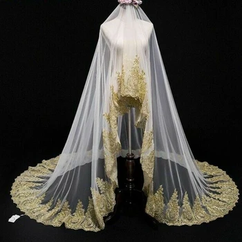 Zlati Čipke Rob Poroko Veils Eleganten Slog Bridals Pokrivala Novo-Plast Tančico
