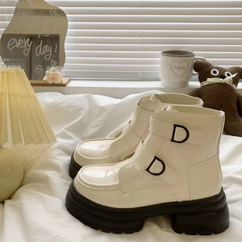 Čevlji Zimski Škornji Lady Čevlji-Ženske Luksuzni Oblikovalec Krog Toe Rock 2023 Beli Gume Lolita Usnje Moda Med Gleženj