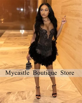 Črna Glej Skozi Kratek Prom Oblačenja 2023 Za Črno Dekle Luksuzni Kroglice Diamond Perje Mini Obleke Cocktail Rojstni Oblek