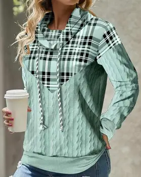 Ženska Oblačila Majice Puloverju Vrhovi Kariran Tiskanja Kabel Teksturirane Hooded Majica 2023 Jesen Zima Pomlad Moda Priložnostne
